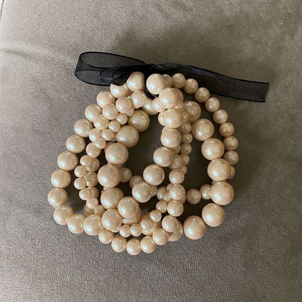 NWOT Premier Designs five strand faux pearl stretch bracelet with black ribbon